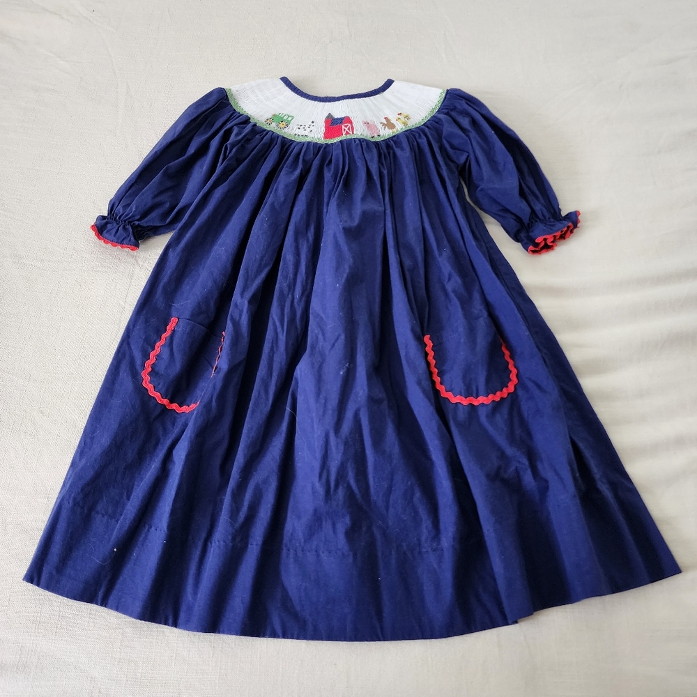 Smockingbird Dress Girls Sz 4T Farm smocked navy blue heirloom Boutique
